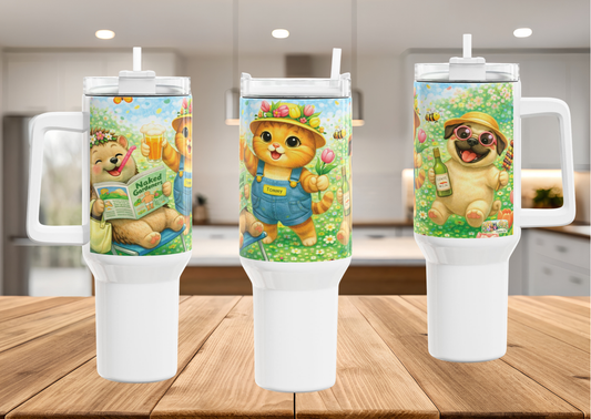 Lentefeest Vriendinnen Tumbler 1200 ML – RVS Thermosbeker met Handvat – Dubbelwandig Geïsoleerd – Creatieve Aap Lente Collectie