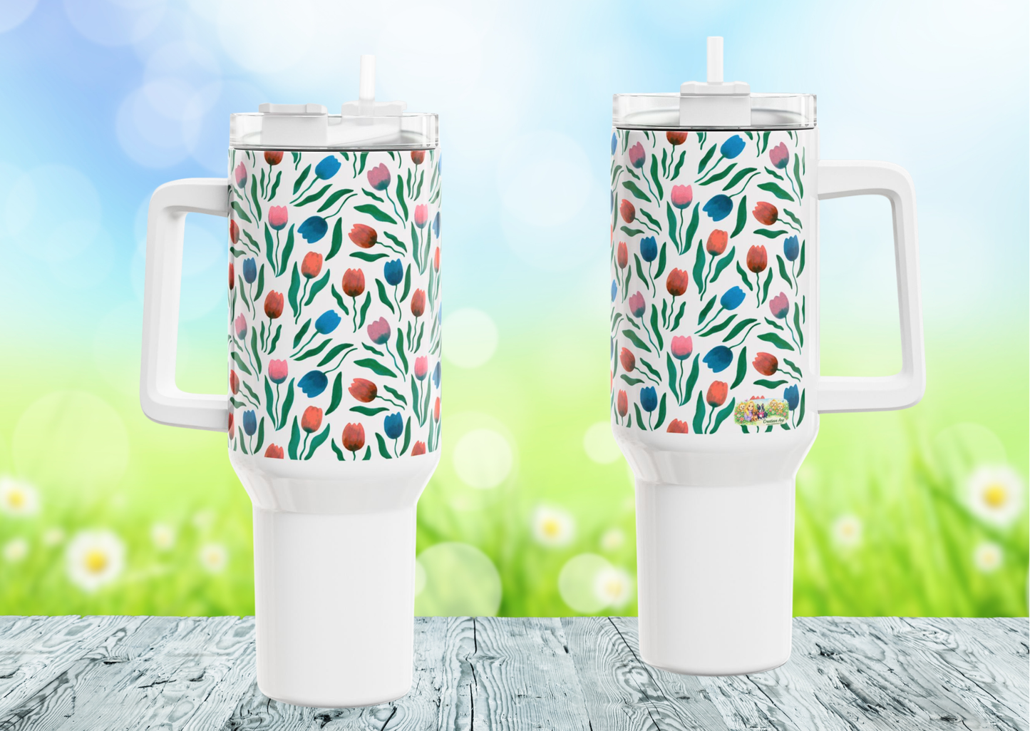 Tulpen Regen Tumbler 1200 ml – RVS Thermosbeker met Handvat – Dubbelwandig Geïsoleerd – Creatieve Aap Lente Collectie 2026