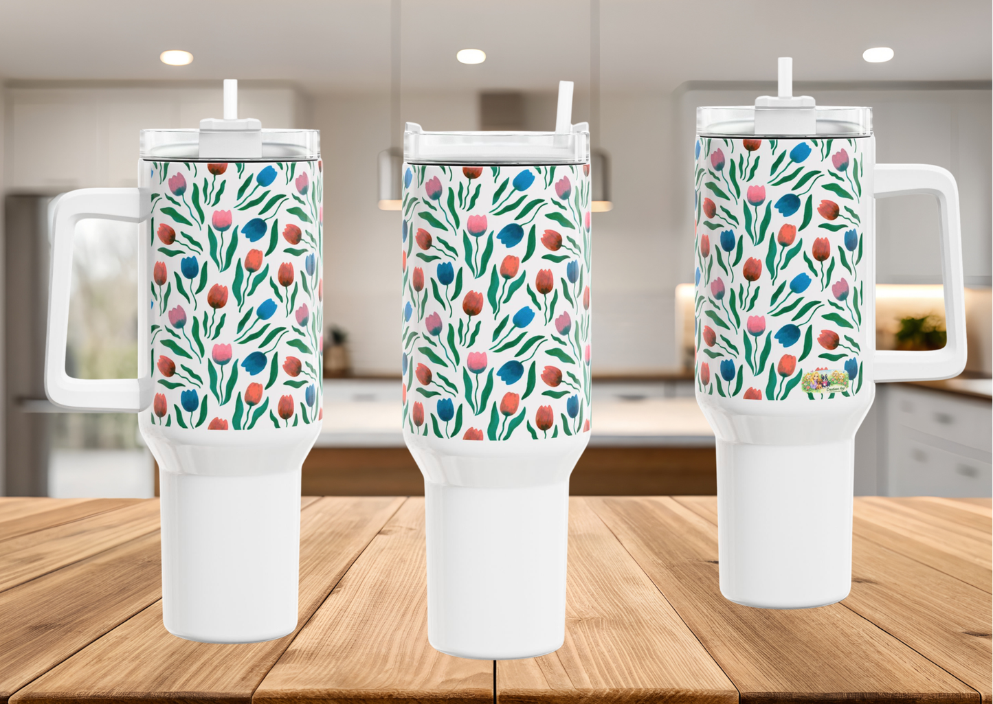 Tulpen Regen Tumbler 1200 ml – RVS Thermosbeker met Handvat – Dubbelwandig Geïsoleerd – Creatieve Aap Lente Collectie 2026