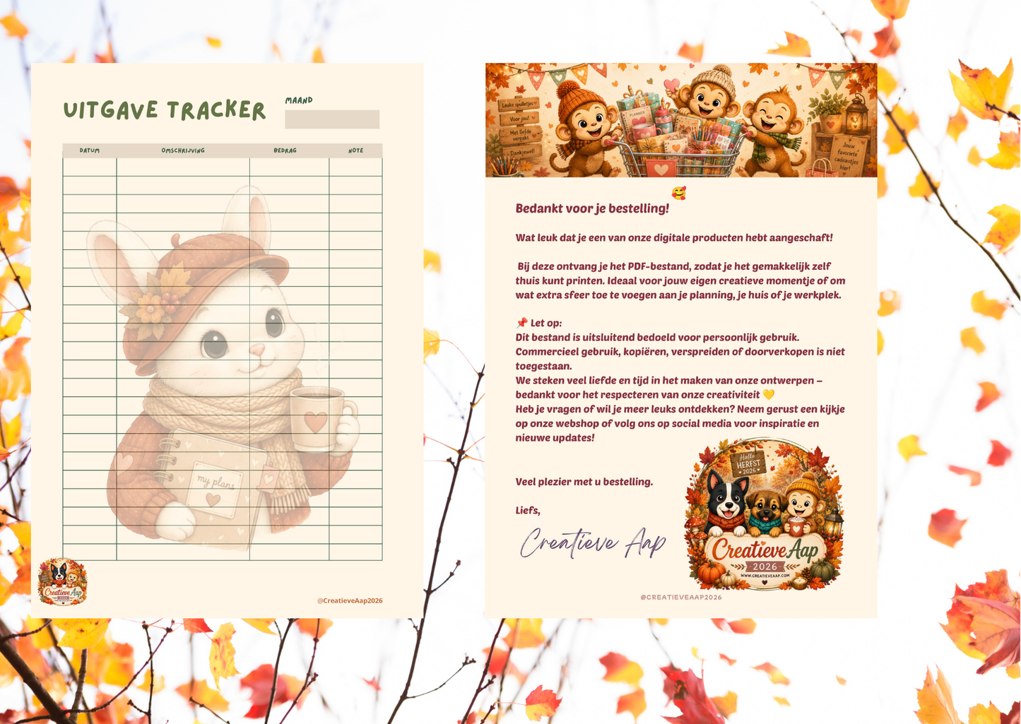 Herfst Uitgave Tracker PDF | Budget Planner | Direct Download | A4 Printable | Creatieve Aap