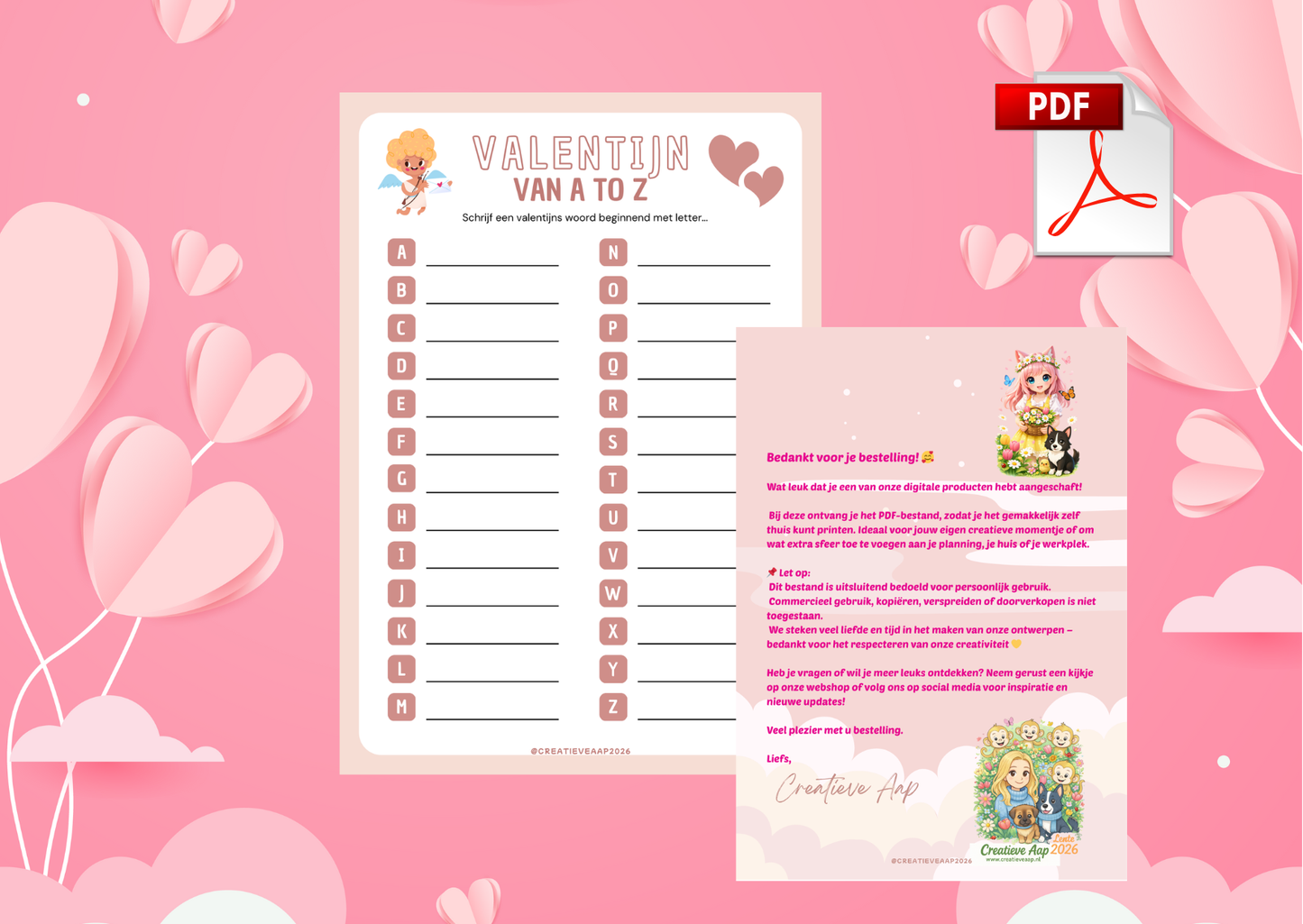 Valentijn A tot Z PDF 2026 – Liefdevolle Schrijfopdracht & Valentijn Spel | Printbaar Werkblad