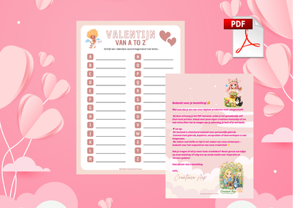 Valentijn A tot Z PDF 2026 – Liefdevolle Schrijfopdracht & Valentijn Spel | Printbaar Werkblad