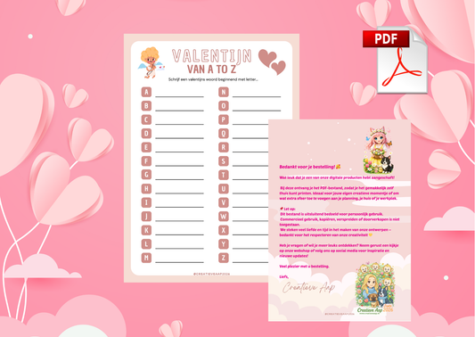 Valentijn A tot Z PDF 2026 – Liefdevolle Schrijfopdracht & Valentijn Spel | Printbaar Werkblad