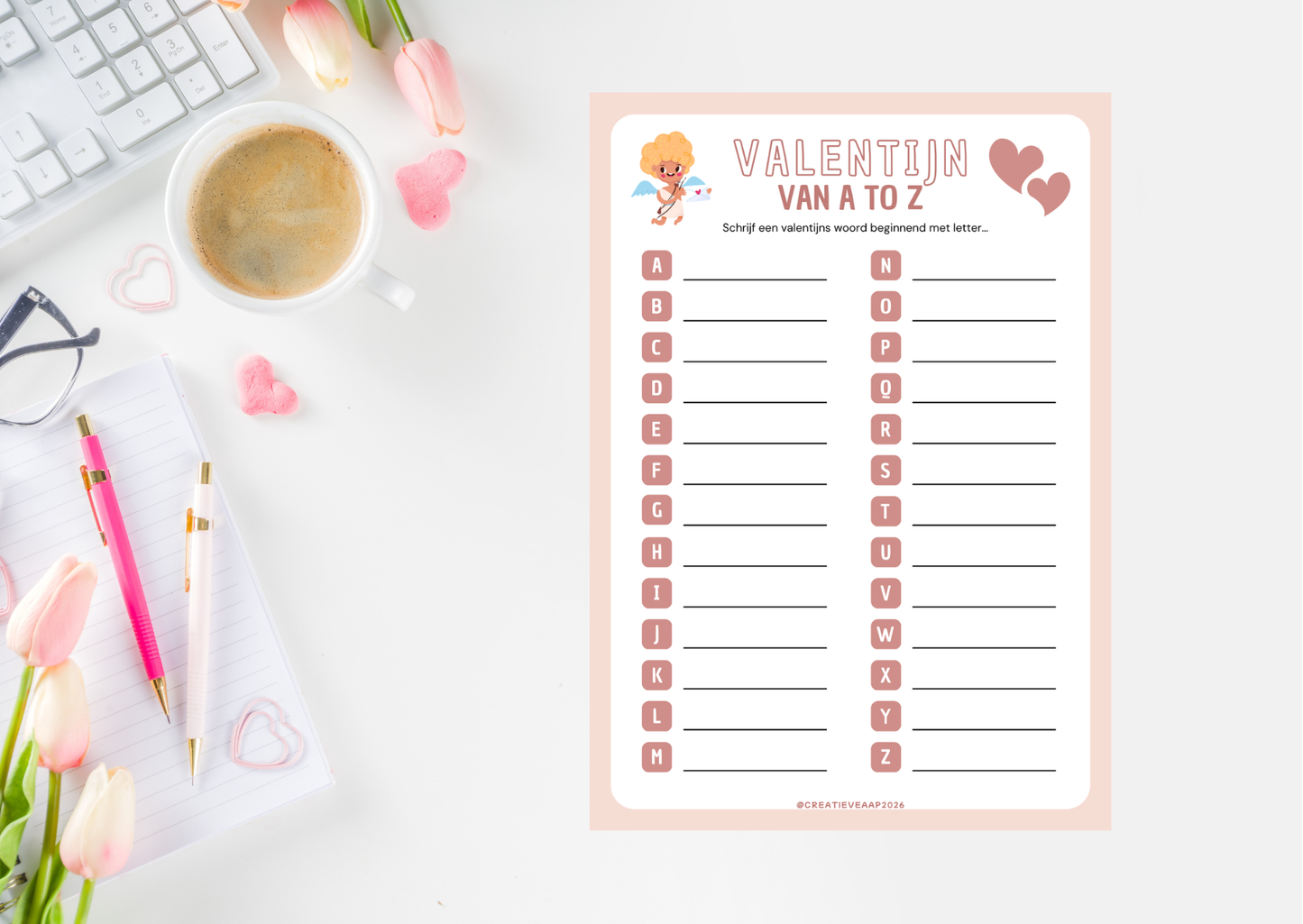 Valentijn A tot Z PDF 2026 – Liefdevolle Schrijfopdracht & Valentijn Spel | Printbaar Werkblad