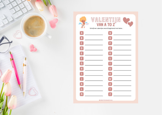 Valentijn A tot Z PDF 2026 – Liefdevolle Schrijfopdracht & Valentijn Spel | Printbaar Werkblad