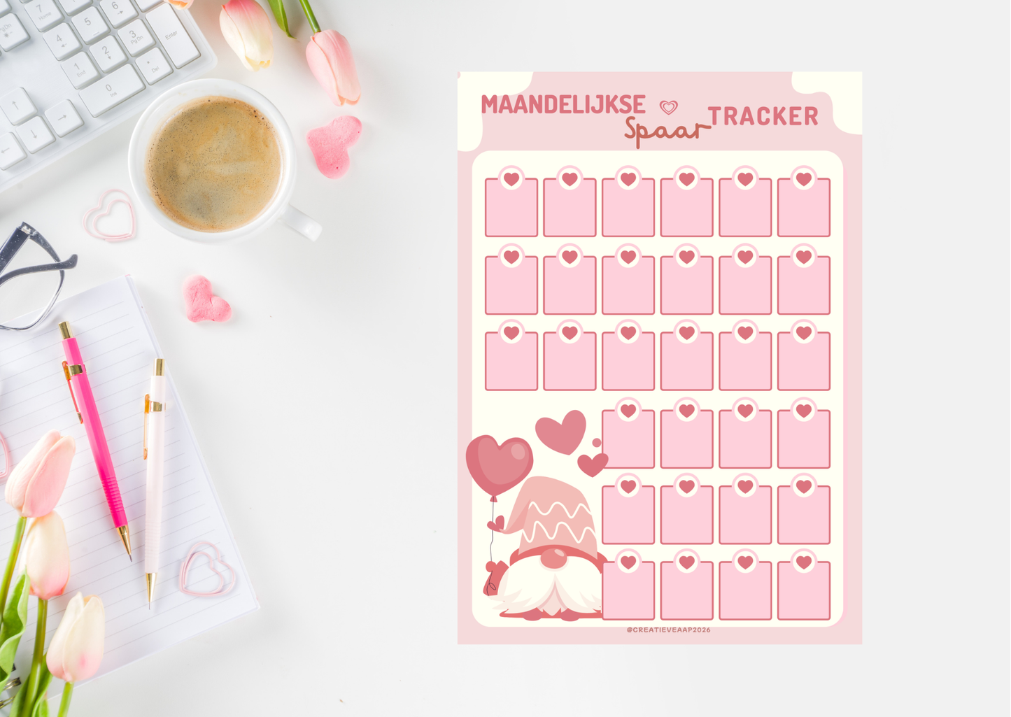 Valentijn Spaar Tracker PDF 2026 – Maandelijkse Spaartracker Printbaar | Geld Sparen met Liefde