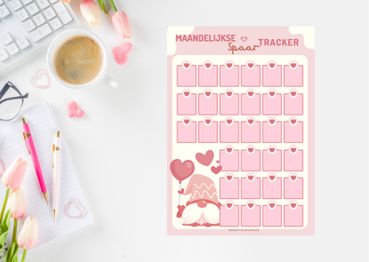 Valentijn Spaar Tracker PDF 2026 – Maandelijkse Spaartracker Printbaar | Geld Sparen met Liefde
