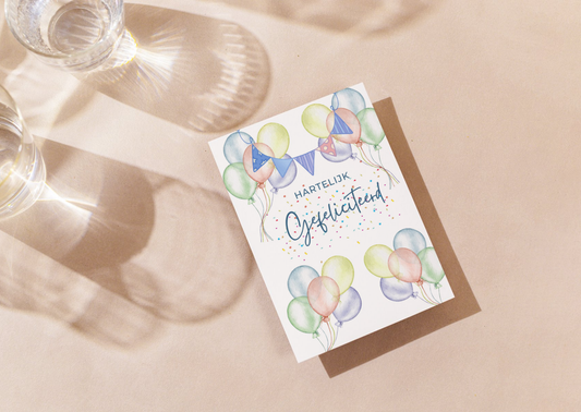 Verjaardagskaart Ballonnenfeest A6 – Hartelijk Gefeliciteerd Wenskaart | Verkrijgbaar met of zonder envelop