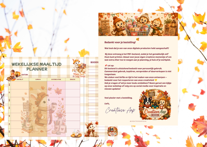 Herfst Wekelijkse Maaltijd Planner PDF | Inclusief Boodschappenlijst | Direct Download | A4 Printable | Creatieve Aap