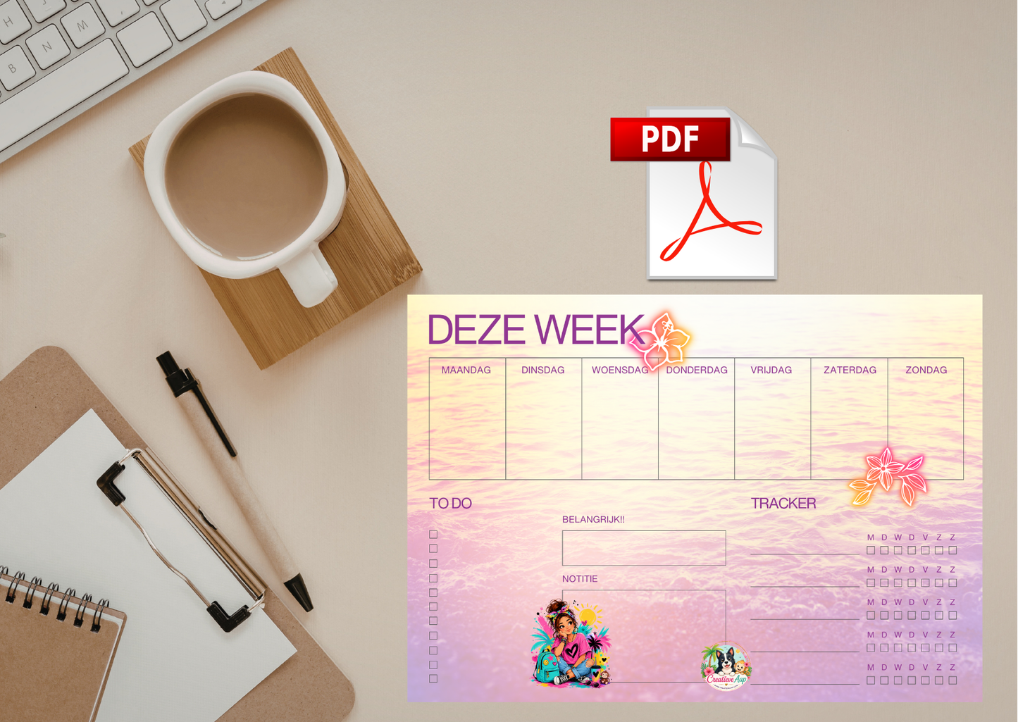 Zomer Weekplanner PDF Printable A4 – Weekplanner met To-Do, Tracker & Notities | Planner Download