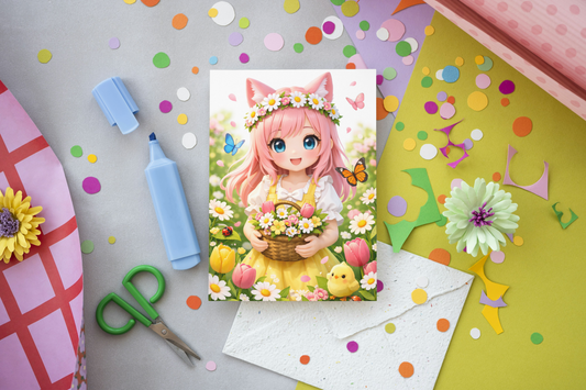 Anime Lente Girl Wenskaart – Kawaii Lente Illustratie | A6 Kaart met of zonder Envelop