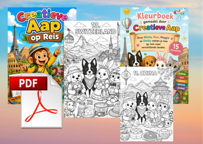 Kleurboek Creatieve Aap op Reis | 15 Wereldlanden Kleurplaten | Digitale PDF Download