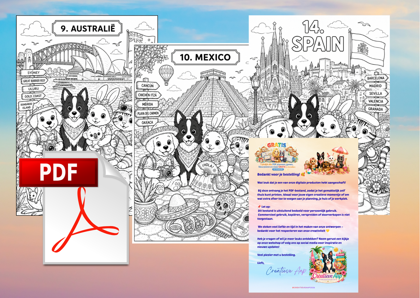 Kleurboek Creatieve Aap op Reis | 15 Wereldlanden Kleurplaten | Digitale PDF Download