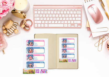 Kawaii Girl Label Stickers – Beschrijfbare Planner Etiketten – Vinyl Matte Stickers – A6 & A5